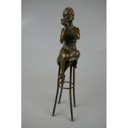 131 - Bronze figure of lady on stool - Approx height: 27cm