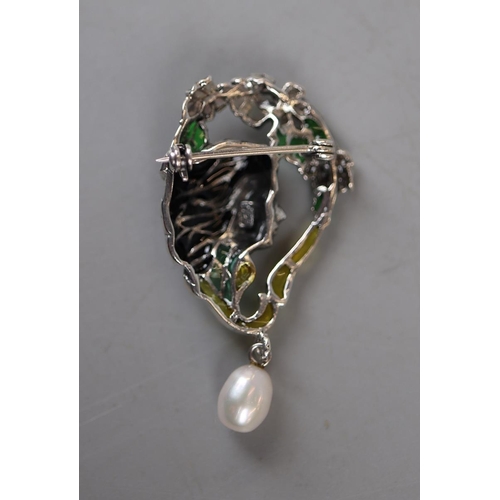 20 - Silver and enamel pearl drop brooch