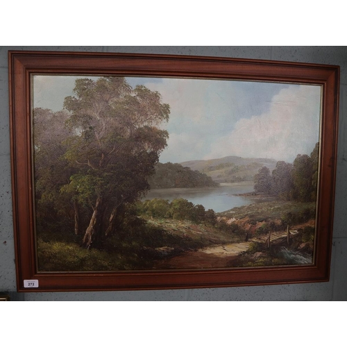 272 - Oil on canvas - Lake scene - H. Chilton - Approx image size: 75cm x 50cm