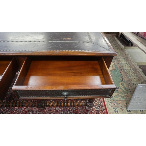 340 - Antique walnut serving table with beaten bronze top and drawer fronts - Size L: 203cm D: 77cm H: 93c... 