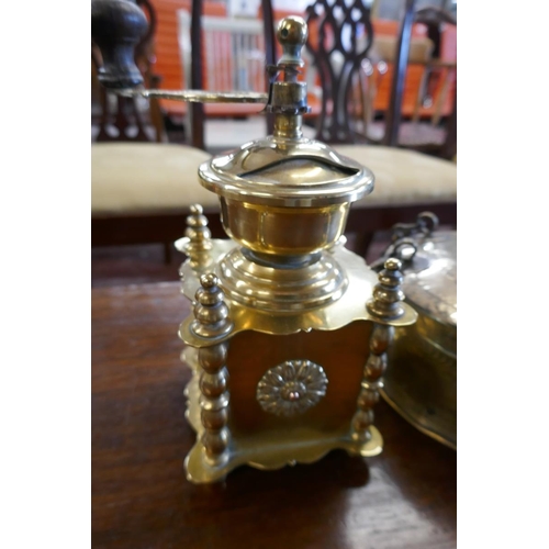 385 - Brass coffee grinder together with brass Indian cooking pot for chapati