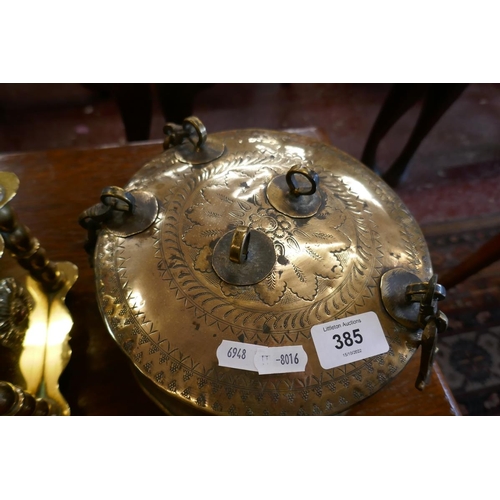 385 - Brass coffee grinder together with brass Indian cooking pot for chapati