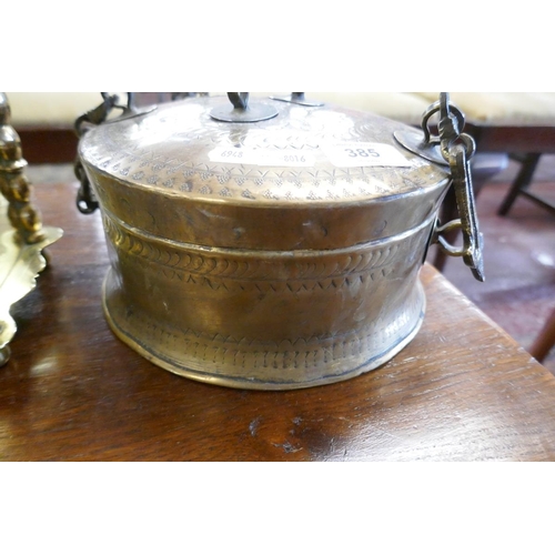 385 - Brass coffee grinder together with brass Indian cooking pot for chapati