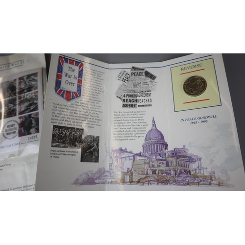 76 - World War II commemorative coins - VE day cover with £2 coin and 1st day cover stamps and furt... 