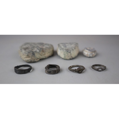 95 - 3 medieval lead weights & 5 medieval finger rings