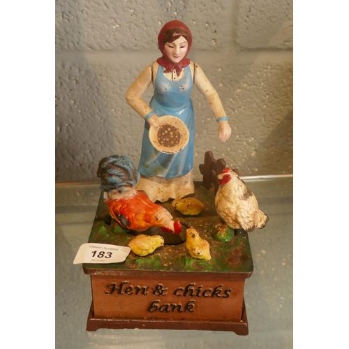 183 - Metal mechanical hen & chick money bank