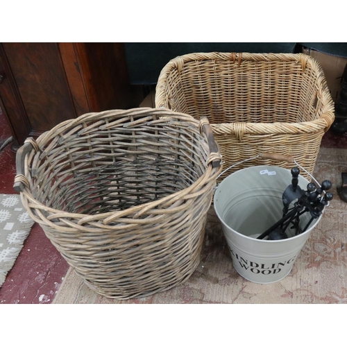 260 - 2 wicker log baskets together with kindling bucket and companion set