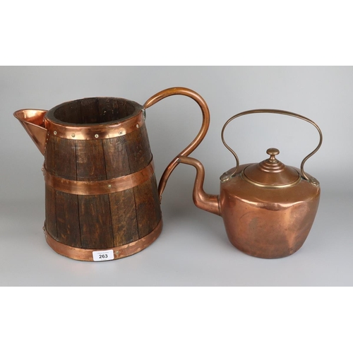 263 - Copper banded jug together with copper kettle