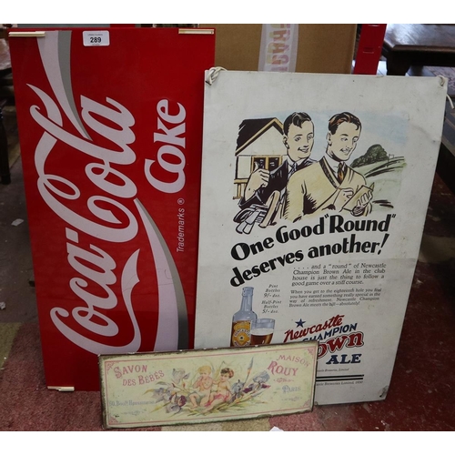 289 - Collection of signs to include Coca Cola