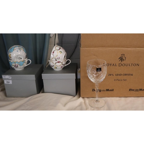 294 - Royal Doulton lead crystal 8 piece set together with Royal Worcester tea cup and saucers