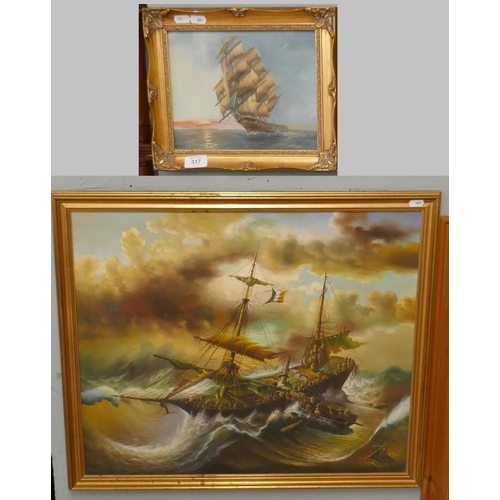 317 - 2 oil paintings 1 signed T Slowsky - Nautical scenes