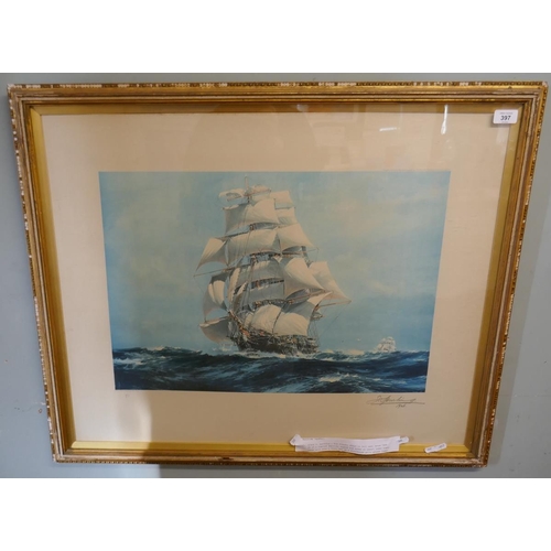 397 - Signed print - 2 Clipper Ships dated 1926