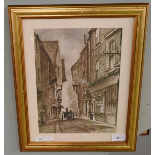 413 - Medium sepia ink art - signed E Morris - Approx IS: 22cm x 29cm