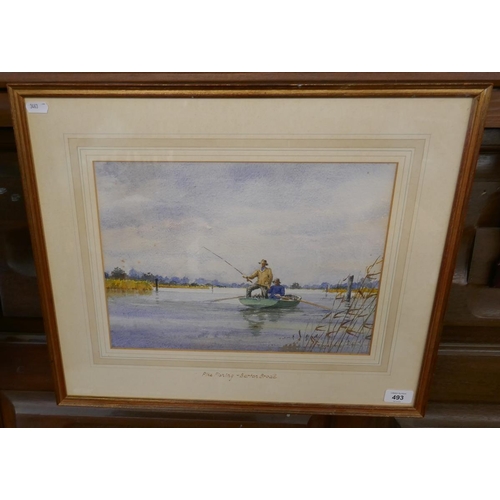 493 - Pike Fishing Barton Broad watercolour - Approx IS: 36cm x 26cm