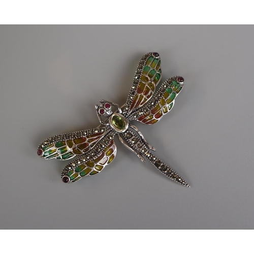 66 - Silver enamel peridot ruby drangonfly brooch/pendant