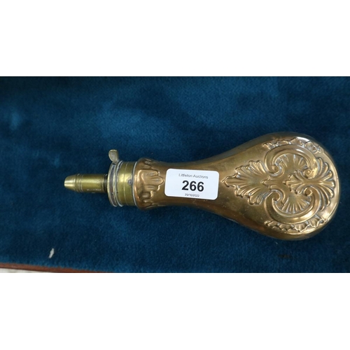 266 - Brass day or night telescope by Arnolds of London in leather case together with powder flask