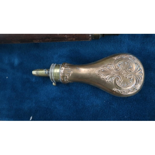 266 - Brass day or night telescope by Arnolds of London in leather case together with powder flask