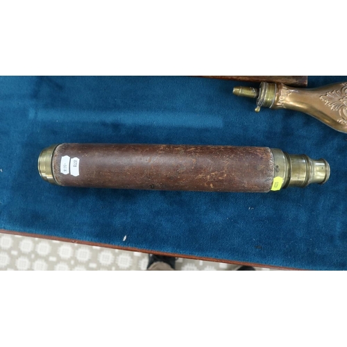 266 - Brass day or night telescope by Arnolds of London in leather case together with powder flask