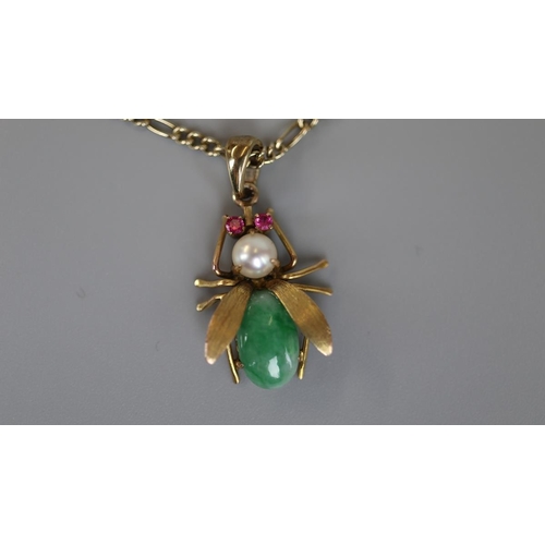 78 - Gold, ruby, pearl and jade bee pendant on gold chain