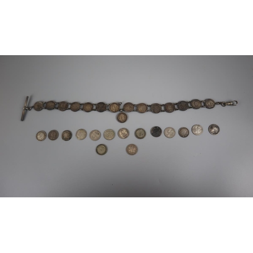 120 - Collection of silver coins together with silver watch chain