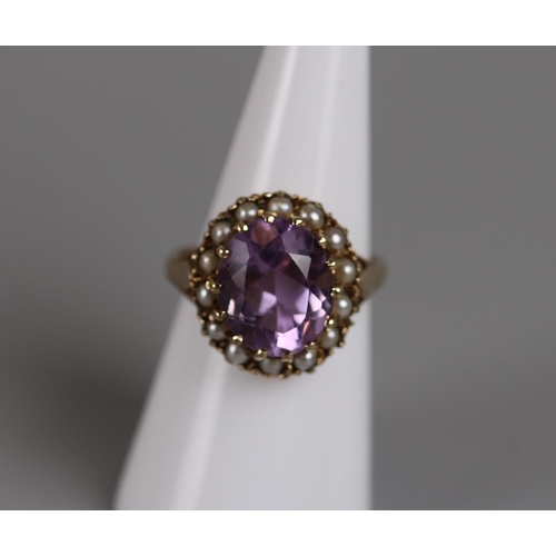 64 - Gold pearl & amethyst set cluster ring - Approx size: N