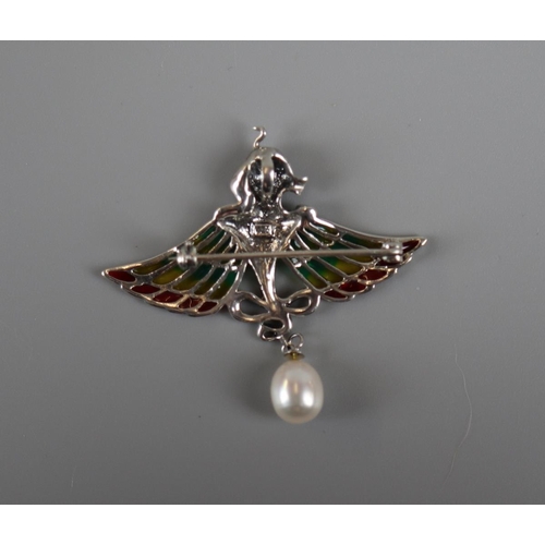 37 - Silver & enamel pearl drop pendent / brooch