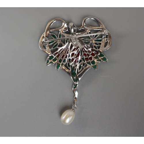 61 - Silver & enamel pearl drop fairy pendent / brooch