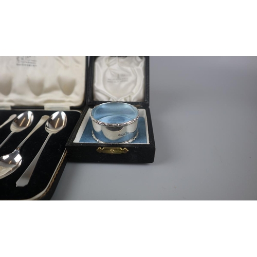 1 - Collection of hallmarked silver to include napkin rings and ashtray - Approx weight: 230g