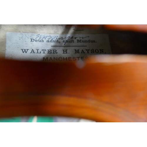 446 - Violin by Walter H Mayson of Manchester 1891 in case with bow