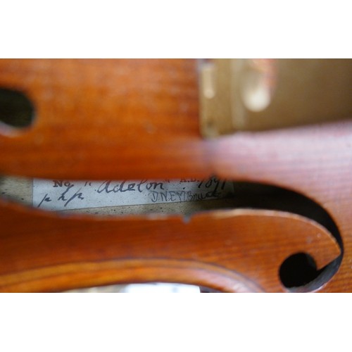 446 - Violin by Walter H Mayson of Manchester 1891 in case with bow