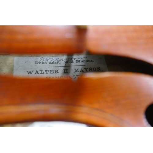 446 - Violin by Walter H Mayson of Manchester 1891 in case with bow