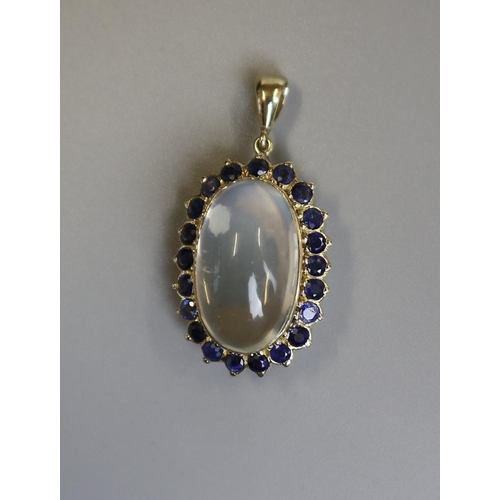 113 - Gold moonstone & sapphire set pendant (not marked but guaranteed 9ct possibly 18ct)