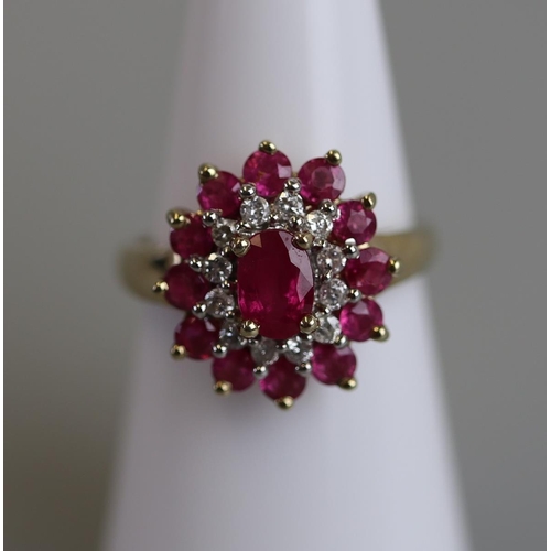 121 - Gold ruby & diamond cluster ring - Size K