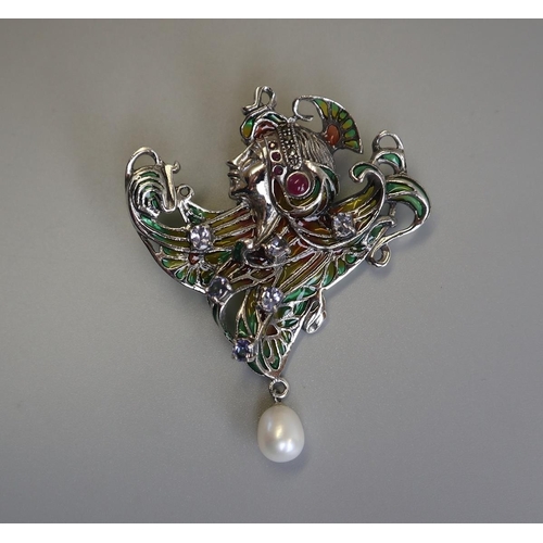 134 - Silver champleve enamel & stone set Art Nouveau style pendant / brooch