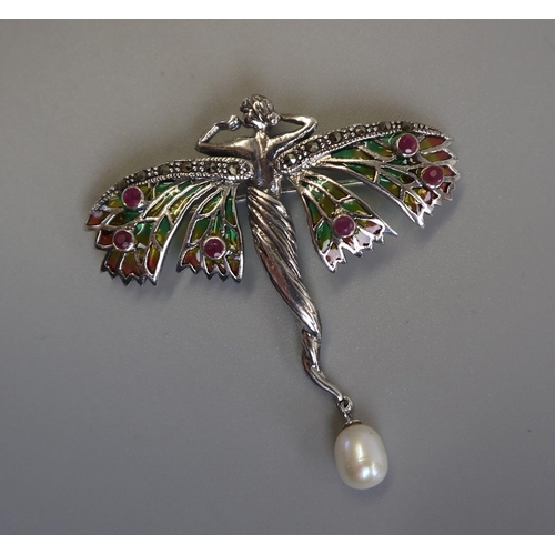 140 - Silver champleve enamel & ruby set fairy brooch