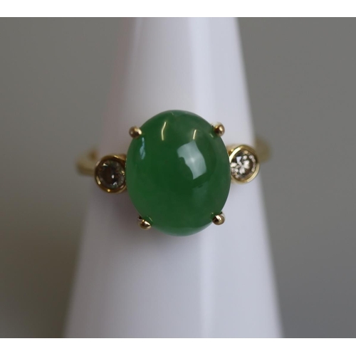 150 - 18ct gold jade & diamond set ring - Size N