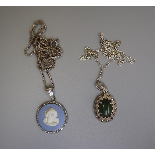 166 - Silver Wedgwood pendant on chain together with a marcasite pendant on chain