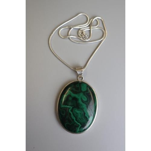 173 - Large silver malachite pendant on silver chain