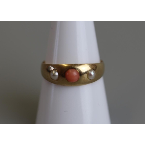 190 - Victorian 18ct gold coral & pearl set ring - Size P