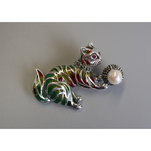 240 - Silver & champleve enamel cat brooch with ruby eyes