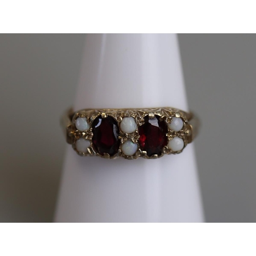 246 - Gold on silver garnet & opal set ring - Size P