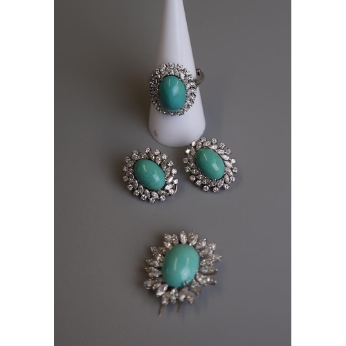 313 - Fine turquoise & diamond ring, brooch & earrings