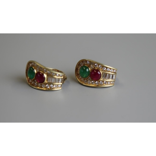 314 - Fine pair of 18ct gold cabochon ruby, emerald & diamond earrings