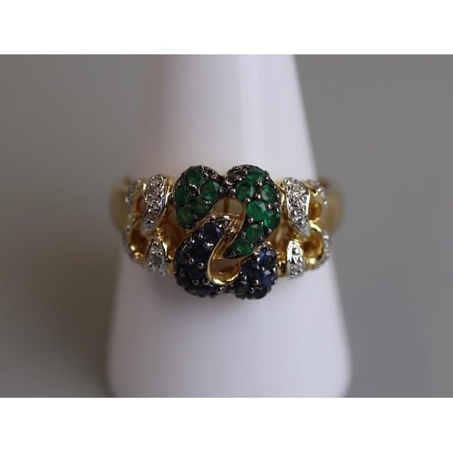 88 - Unusual 18ct gold emerald, sapphire & diamond ring - Size S