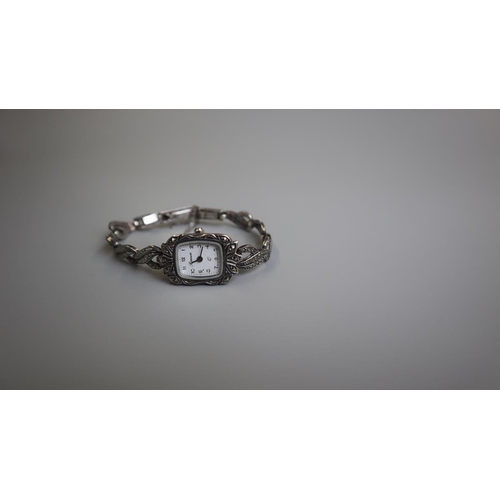 112 - Ladies silver & marcasite wristwatch