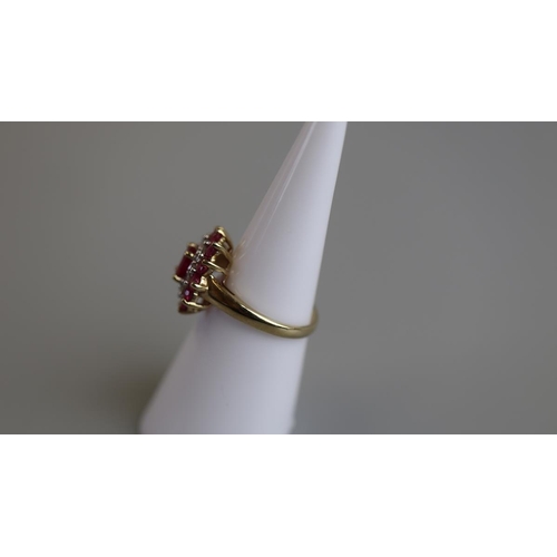 121 - Gold ruby & diamond cluster ring - Size K