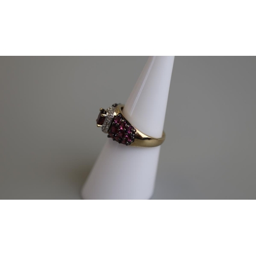 273 - Gold almandine garnet, amethyst & diamond set  ring - Size K½