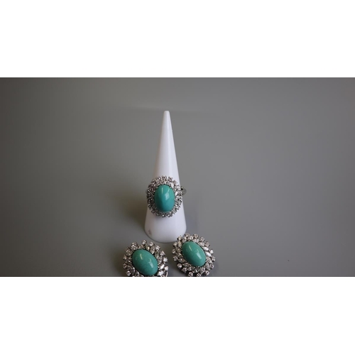 313 - Fine turquoise & diamond ring, brooch & earrings