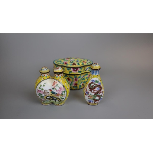 112 - 2 Oriental enamel scent bottles together with an enamel trinket box