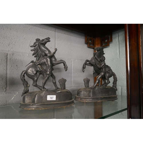 167 - Pair of statues - Man rearing horse - Approx height: 34cm